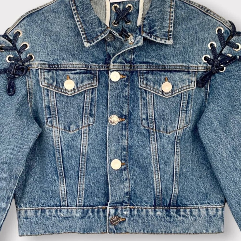 Sandro Lace Up Faded Denim Jacket Size Medium FR40